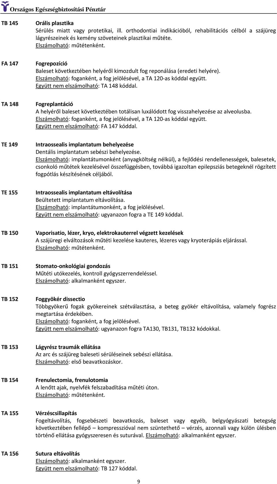 Együtt nem elszámolható: TA 148 kóddal. TA 148 Fogreplantáció A helyéről baleset következtében totálisan luxálódott fog visszahelyezése az alveolusba.