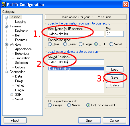 Elindul a program. A "Host Name (or IP address)" részhez írjuk be, hogy "ludens.elte.hu".