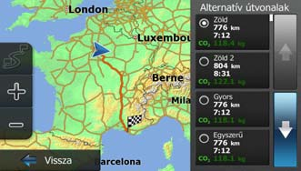 4. Érintse meg a gombot. 5. Három különböző, a kiválasztott útvonal-tervezési módnak megfelelő alternatív útvonal alapadatai válnak láthatóvá.