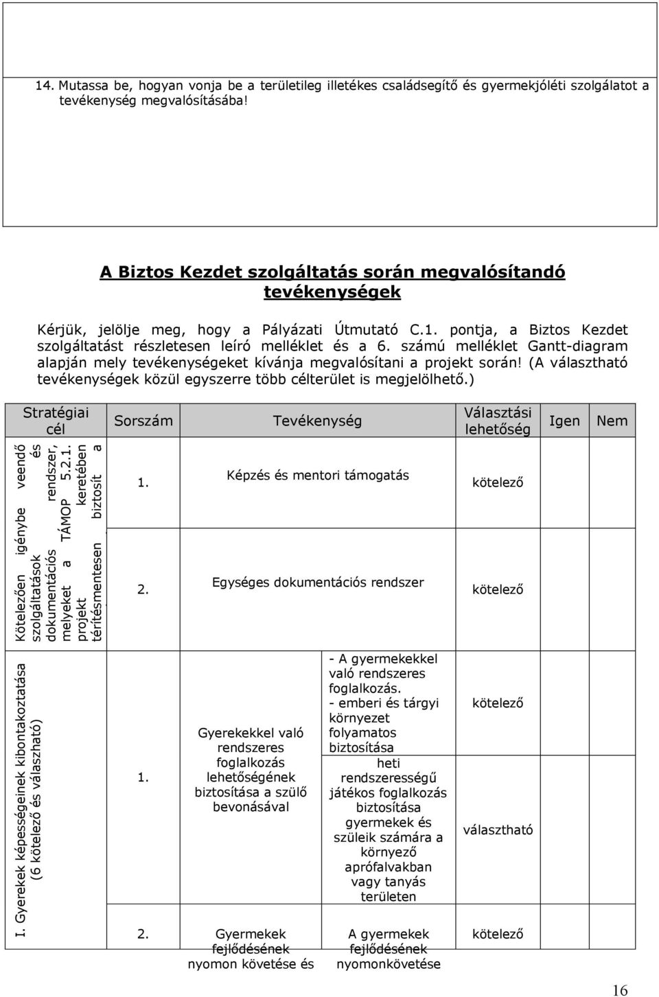 számú melléklet Gantt-diagram alapján mely tevékenységeket kívánja megvalósítani a projekt során! (A választható tevékenységek közül egyszerre több célterület is megjelölhető.