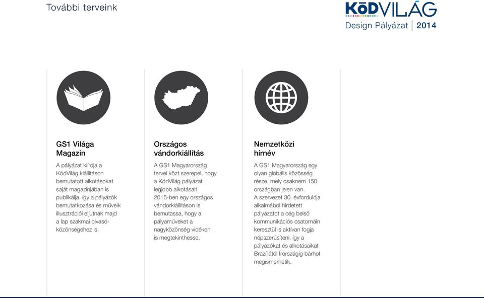 Országos vándorkiállítás A GS1 Magyarország tervei közt szerepel, hogy a KódVilág pályázat legjobb alkotásait 2015-ben egy országos vándorkiállításon is bemutassa, hogy a pályaműveket a