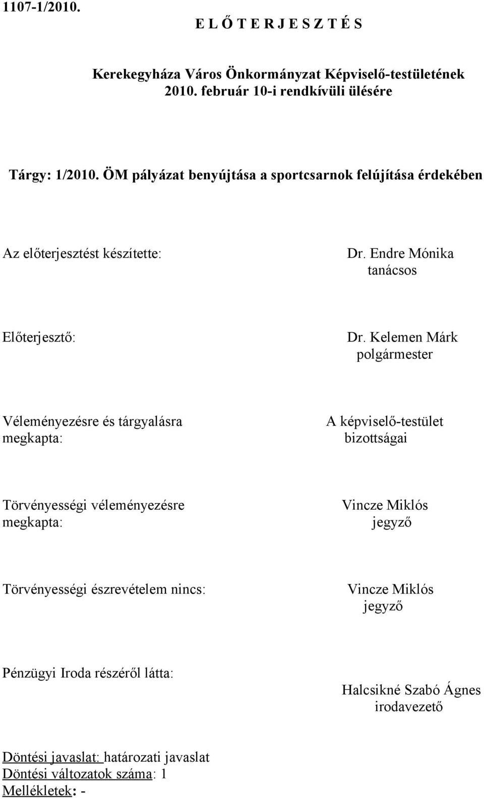 Kelemen Márk polgármester Véleményezésre és tárgyalásra megkapta: A képviselő-testület bizottságai Törvényességi véleményezésre Vincze Miklós megkapta: jegyző