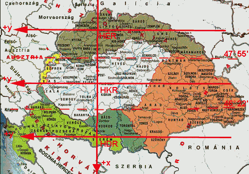 A hengervetületek elhelyezkedése a történelmi Magyarrszág területén A hengervetület középsı rendszere (HR) ábrázlja az rszág ϕ = 47 55 és a ϕ = 46 Gauss-gömbi földrajzi szélességek közötti területét