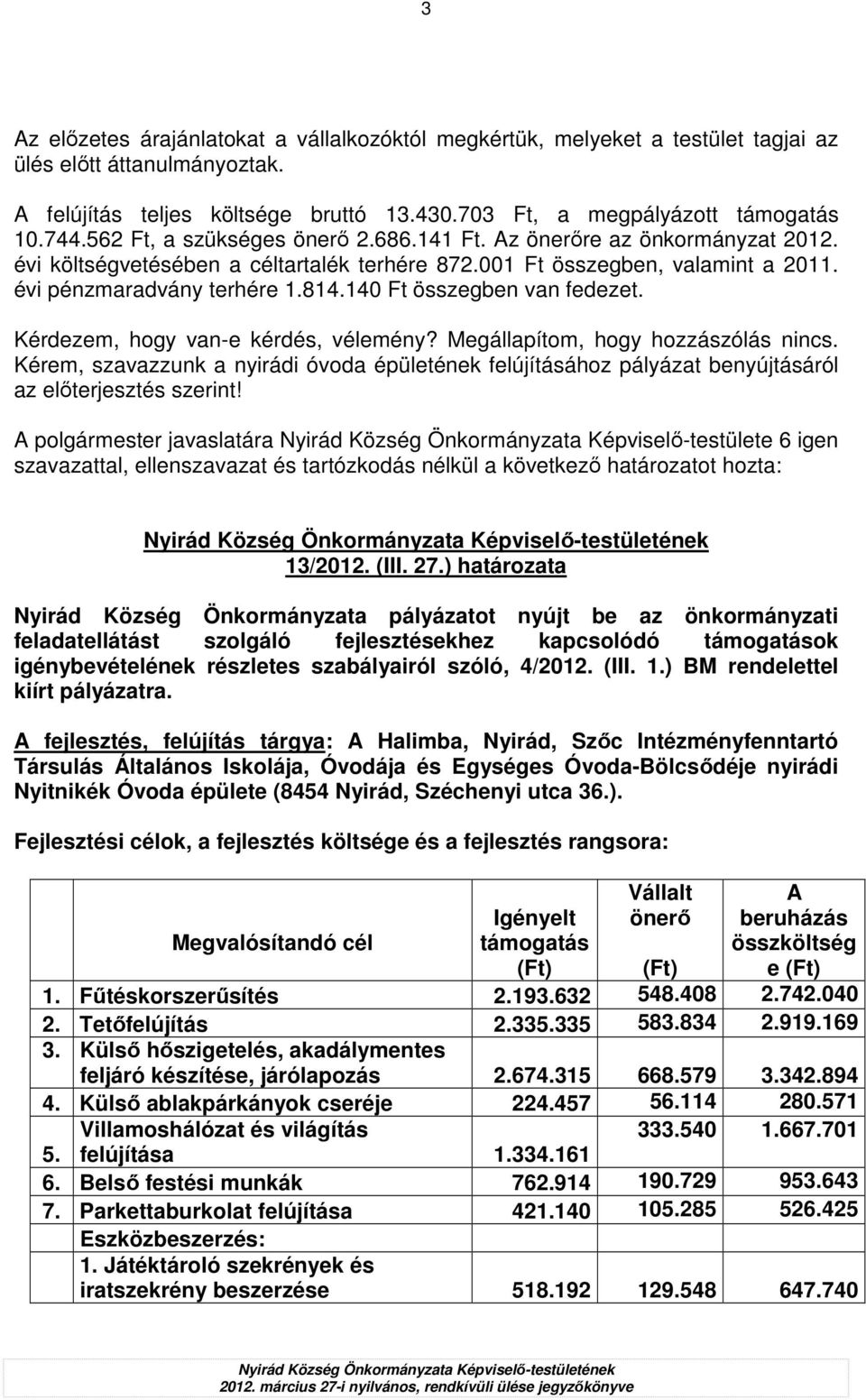 140 Ft összegben van fedezet. Kérdezem, hogy van-e kérdés, vélemény? Megállapítom, hogy hozzászólás nincs.