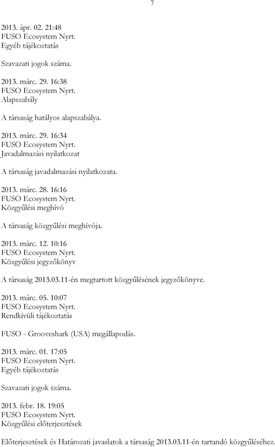 11-én megtartott közgyűlésének jegyzőkönyve. 2013. márc. 05. 10:07 FUSO - Grooveshark (USA) megállapodás. 2013. márc. 01. 17:05 Szavazati jogok száma.