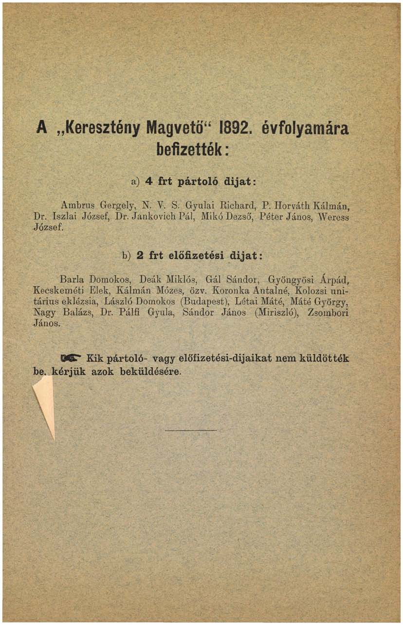 A Keresztény Magvető" 1892. évfolyamára befizették: a) 4 frt pártoló dijat: Ambrus Gergely, N. V. S. Gyulai Richard, P. Horváth Kálmán, Dr. Iszlai József, Dr.