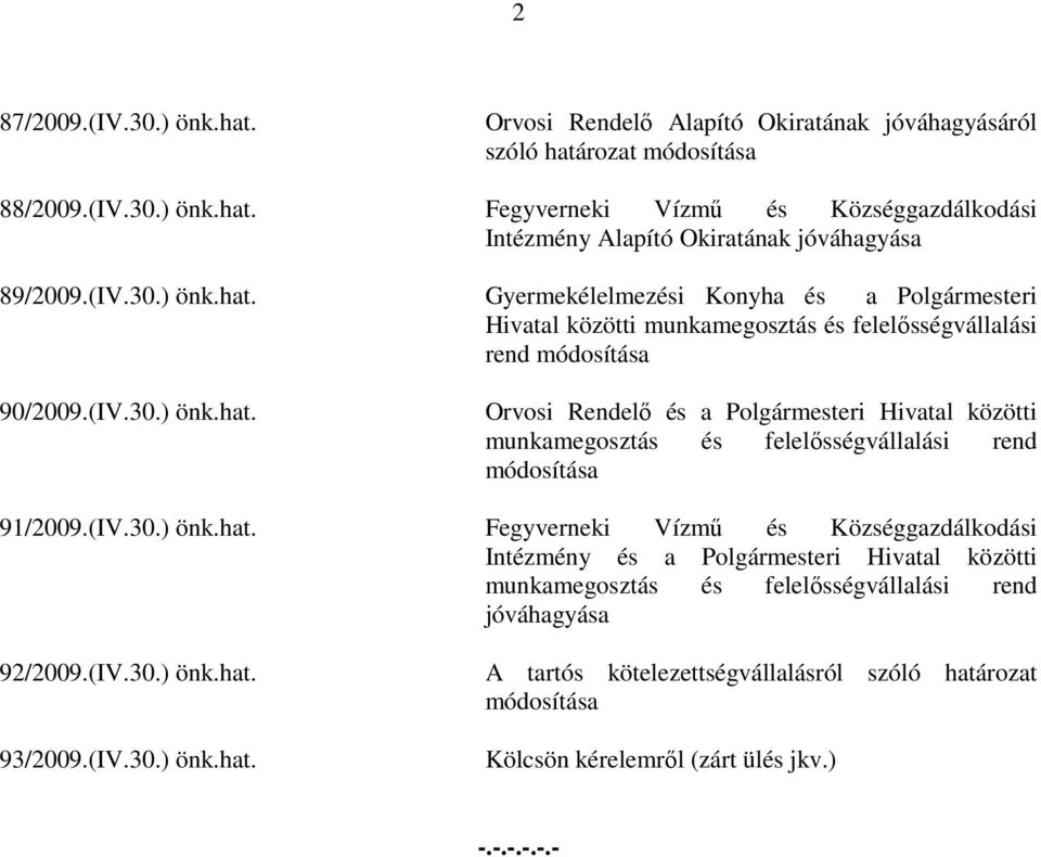 (IV.30.) önk.hat. Fegyverneki Vízmű és Községgazdálkodási Intézmény és a Polgármesteri Hivatal közötti munkamegosztás és felelősségvállalási rend jóváhagyása 92/2009.(IV.30.) önk.hat. A tartós kötelezettségvállalásról szóló határozat módosítása 93/2009.