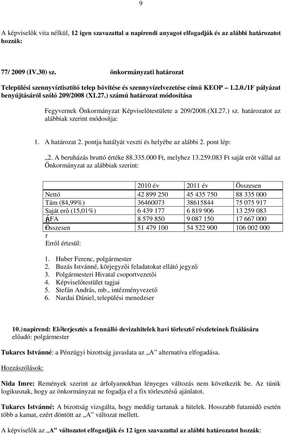 ) számú határozat módosítása Fegyvernek Önkormányzat Képviselőtestülete a 209/2008.(XI.27.) sz. határozatot az alábbiak szerint módosítja: 1. A határozat 2.