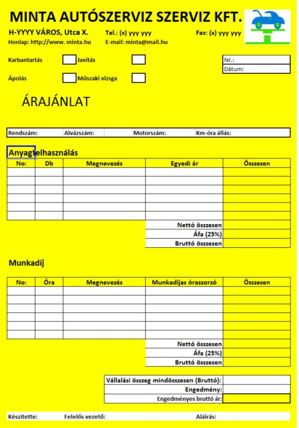 A 9. ábrán az árajánlat általános formáját