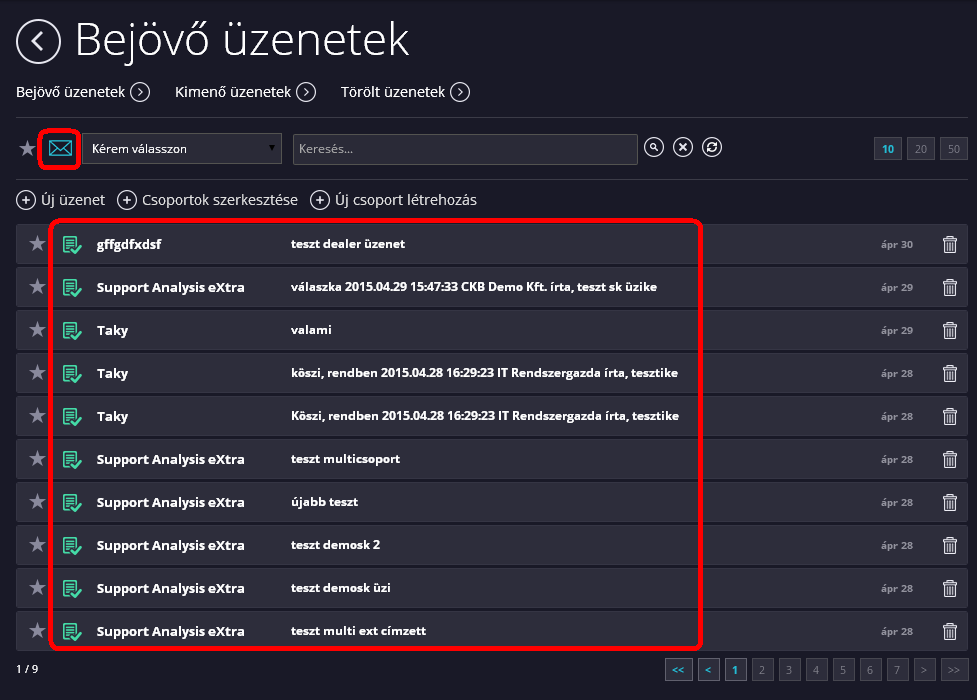 2. Szűrés az olvasatlan üzenetekre A listában az olvasatlan üzenetek vastag betűkkel szerepelnek, míg az olvasottak vékonnyal. A fejlécben a csillag ikon mellett jobbra, egy boríték ikon található.