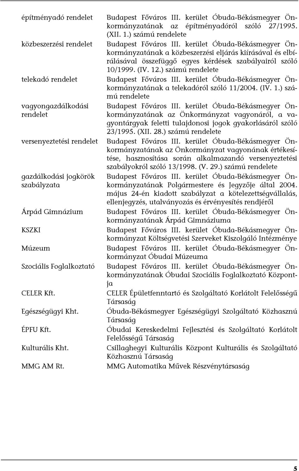) számú rendelete Budapest Főváros III. kerület Óbuda-Békásmegyer Önkormányzatának a közbeszerzési eljárás kiírásával és elbírálásával összefüggő egyes kérdések szabályairól szóló 10/1999. (IV. 12.