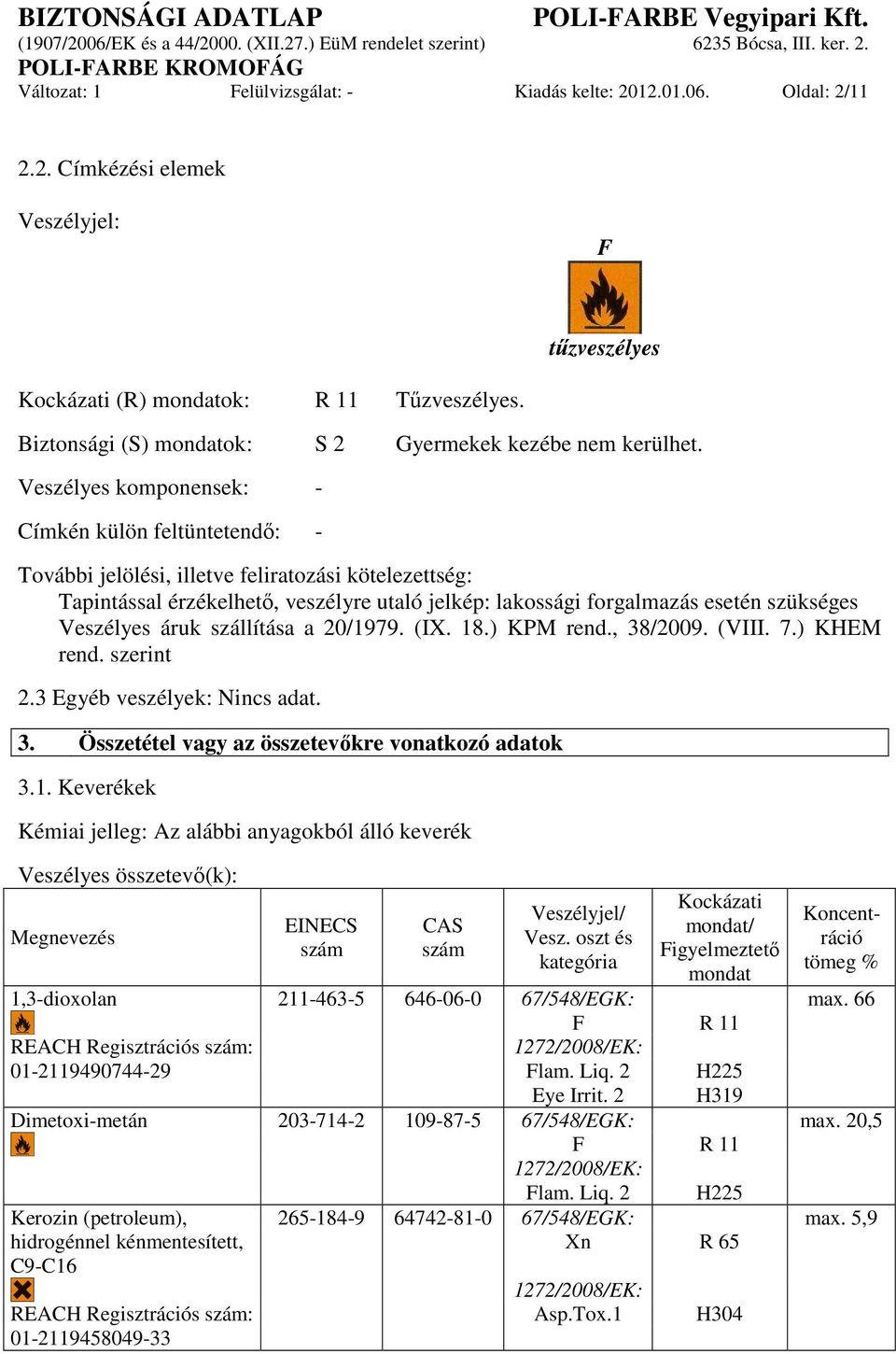 Veszélyes komponensek: - Címkén külön feltüntetendő: - További jelölési, illetve feliratozási kötelezettség: Tapintással érzékelhető, veszélyre utaló jelkép: lakossági forgalmazás esetén szükséges