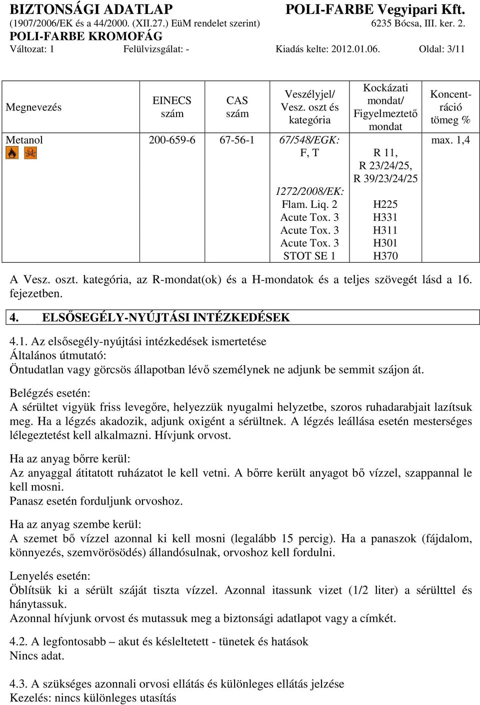 2 STOT SE 1 H225 H331 H311 H301 H370 A Vesz. oszt. kategória, az R-mondat(ok) és a H-mondatok és a teljes szövegét lásd a 16. fejezetben. 4. ELSŐSEGÉLY-NYÚJTÁSI INTÉZKEDÉSEK 4.1. Az elsősegély-nyújtási intézkedések ismertetése Általános útmutató: Öntudatlan vagy görcsös állapotban lévő személynek ne adjunk be semmit szájon át.