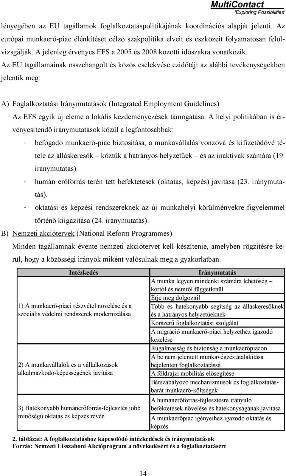 Az EU tagállamainak összehangolt és közös cselekvése ezidőtájt az alábbi tevékenységekben jelentik meg: A) Foglalkoztatási Iránymutatások (Integrated Employment Guidelines) Az EFS egyik új eleme a