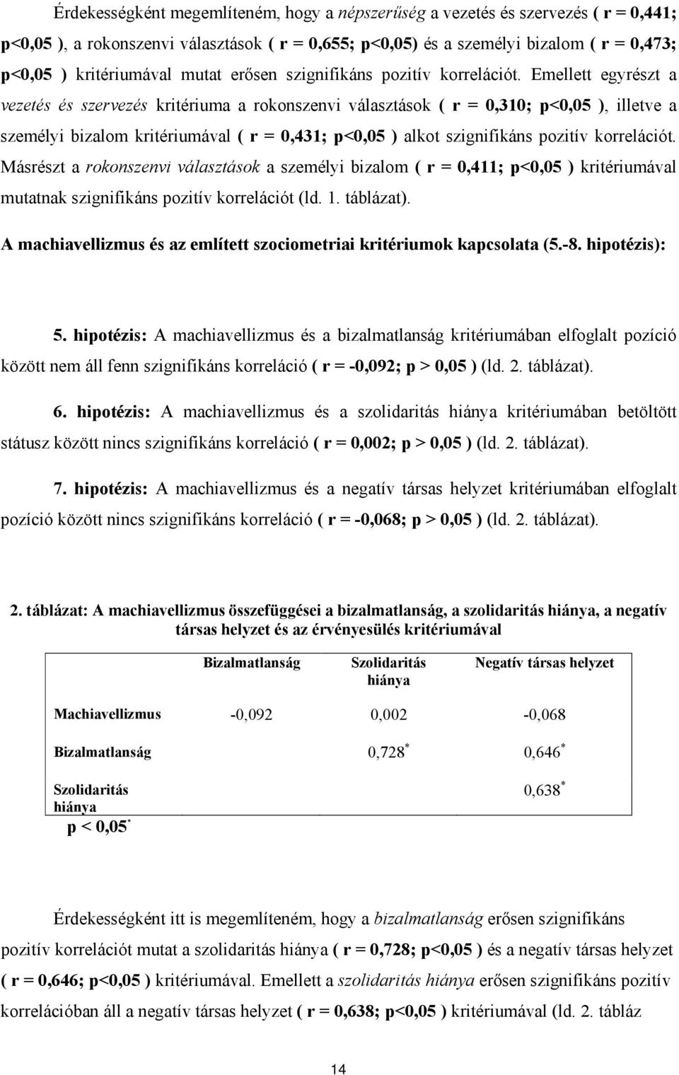 Emellett egyrészt a vezetés és szervezés kritériuma a rokonszenvi választások ( r = 0,310; p<0,05 ), illetve a személyi bizalom kritériumával ( r = 0,431; p<0,05 ) alkot szignifikáns pozitív