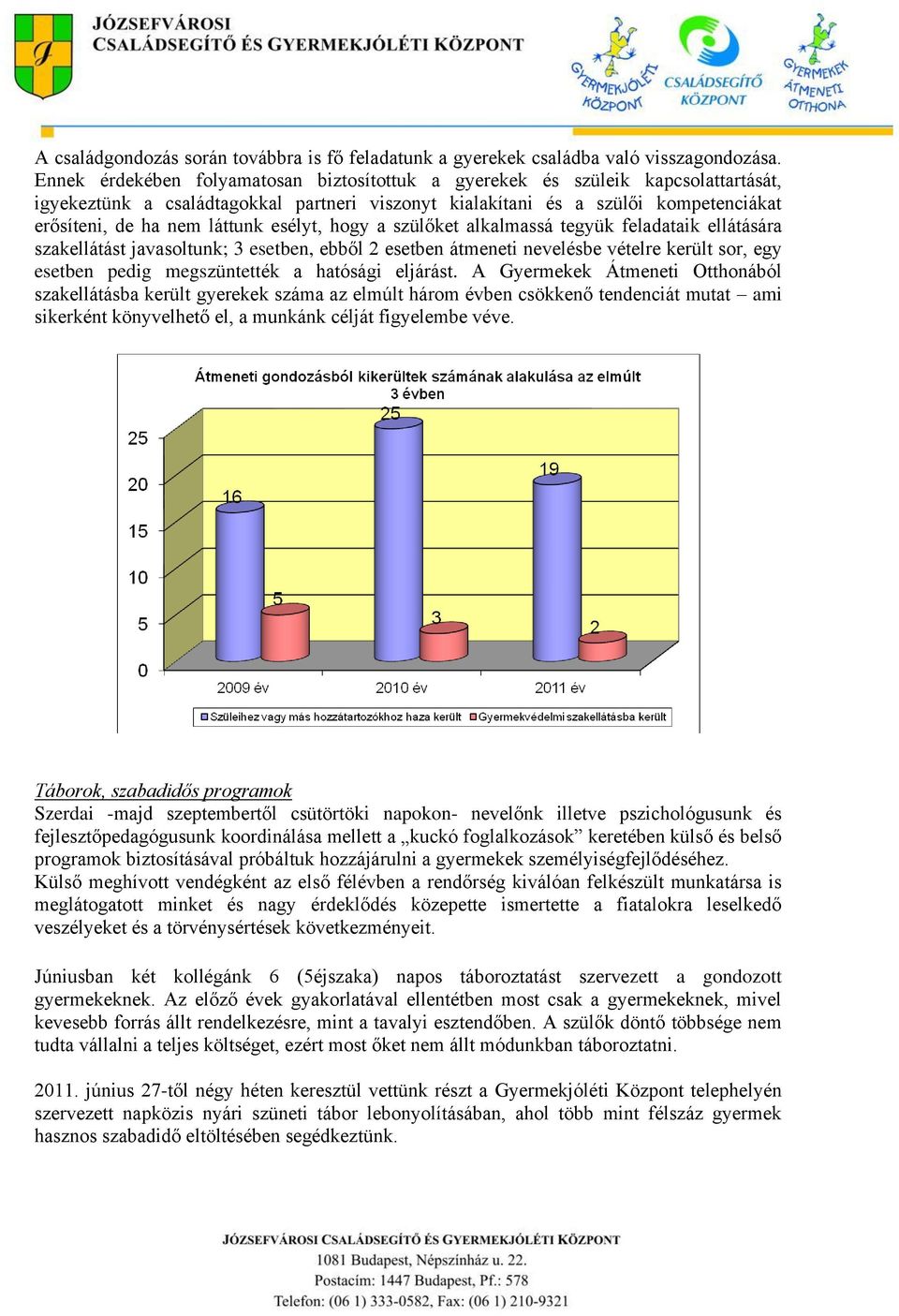 esélyt, hogy a szülőket alkalmassá tegyük feladataik ellátására szakellátást javasoltunk; 3 esetben, ebből 2 esetben átmeneti nevelésbe vételre került sor, egy esetben pedig megszüntették a hatósági