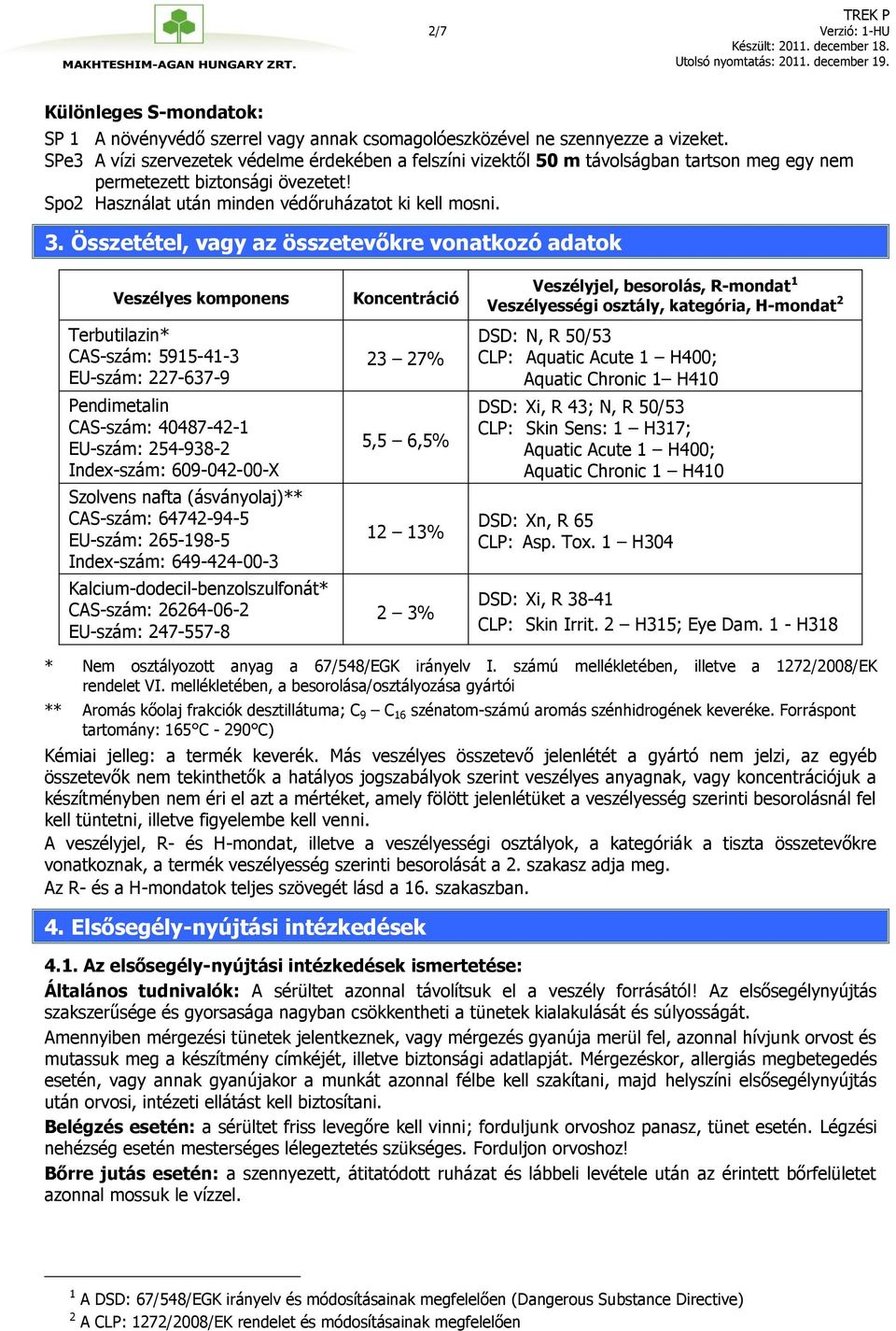 Összetétel, vagy az összetevőkre vonatkozó adatok Veszélyes komponens Terbutilazin* CAS-szám: 5915-41-3 EU-szám: 227-637-9 Pendimetalin CAS-szám: 40487-42-1 EU-szám: 254-938-2 Index-szám: