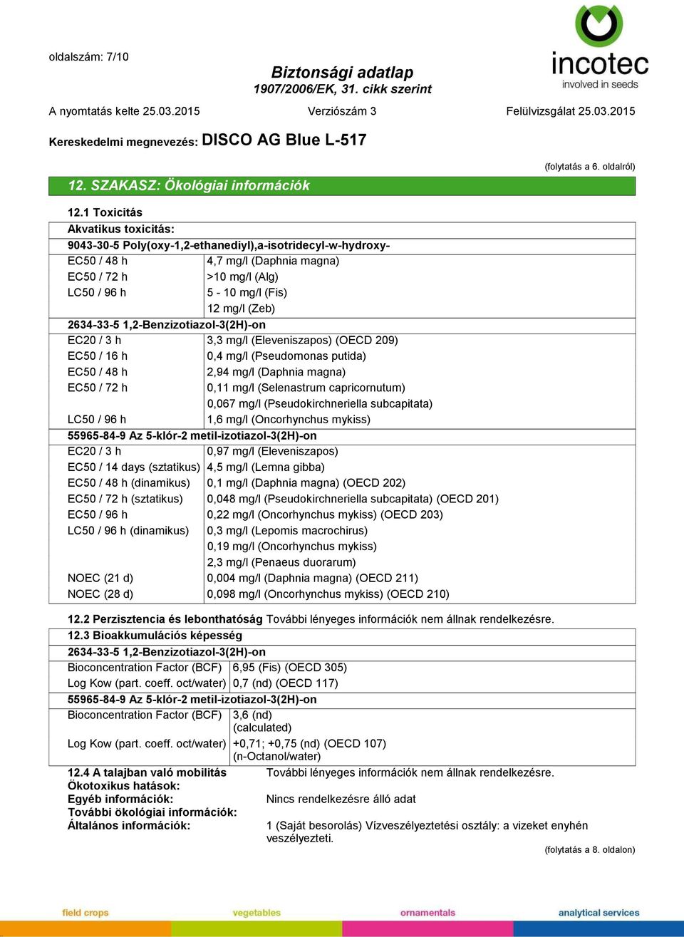 2634-33-5 1,2-Benzizotiazol-3(2H)-on EC20 / 3 h 3,3 mg/l (Eleveniszapos) (OECD 209) EC50 / 16 h 0,4 mg/l (Pseudomonas putida) EC50 / 48 h 2,94 mg/l (Daphnia magna) EC50 / 72 h 0,11 mg/l (Selenastrum