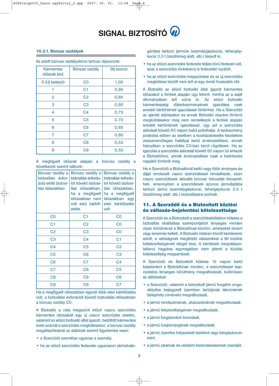 13:08 Page 8 10.3.1. Bónusz osztályok Az adott bónusz osztályokhoz tartozó díjszorzók: Kármentes időszak [év] A megfigyelt időszak alapján a bónusz osztály a következők szerint változik: Bónusz