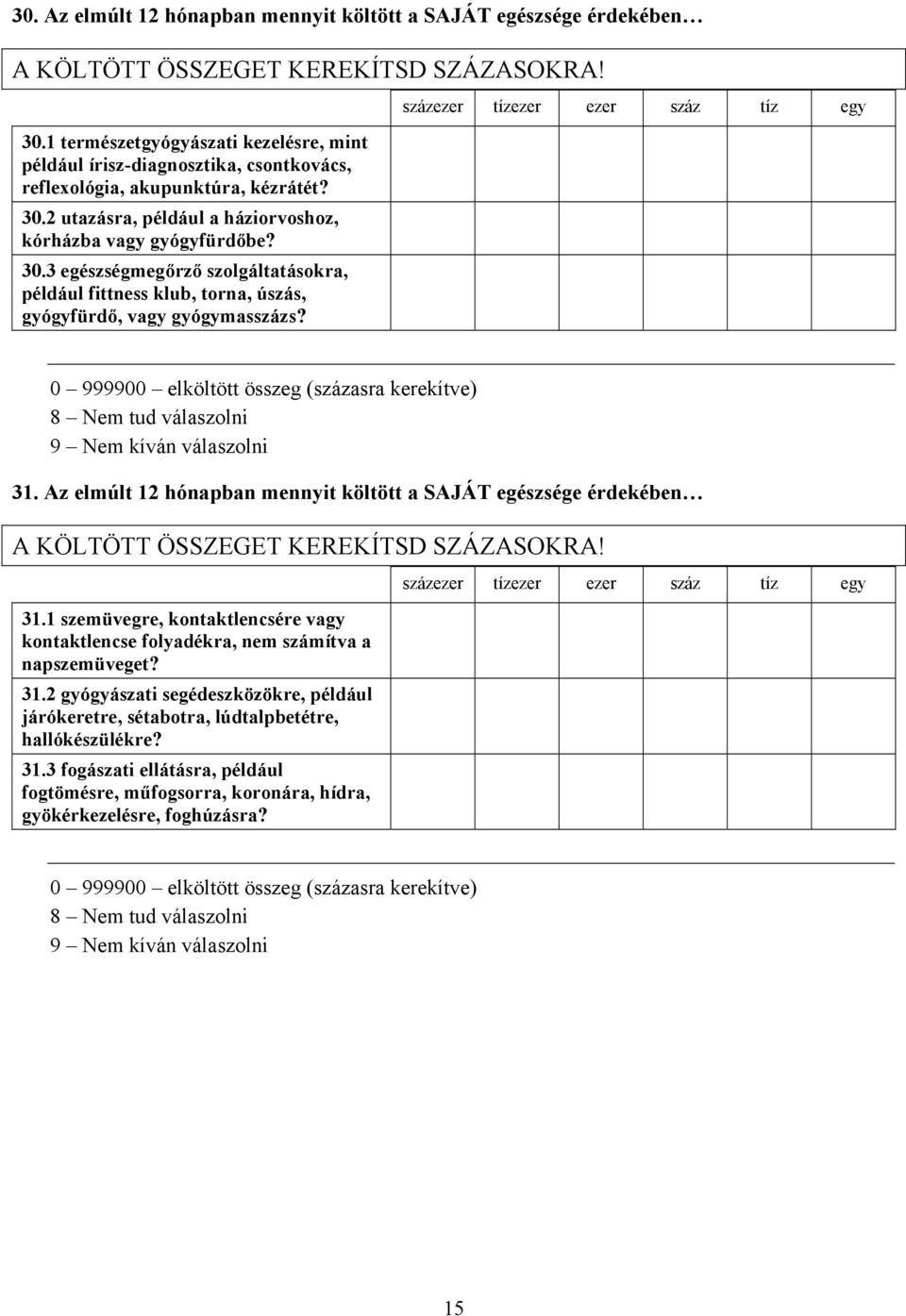 2 utazásra, például a háziorvoshoz, kórházba vagy gyógyfürdőbe? 30.3 egészségmegőrző szolgáltatásokra, például fittness klub, torna, úszás, gyógyfürdő, vagy gyógymasszázs?