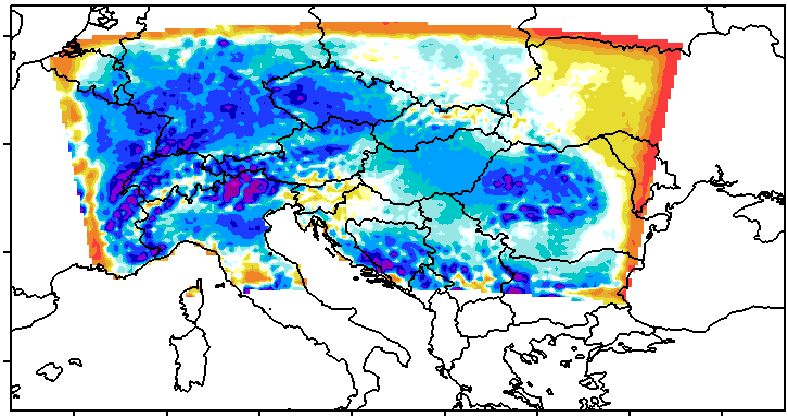 A sugárzási kényszer változásán alapuló új éghajlati szcenáriók a Kárpát-medence térségére EEA-C13-10 12 Az ALADIN csapadékeredményeit összevetve az E-OBS adatbázissal, mindegyik integrálási