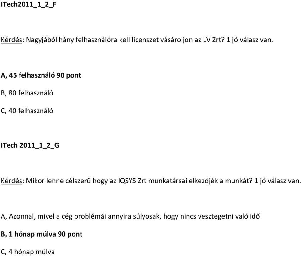 A, 45 felhasználó 90 pont B, 80 felhasználó C, 40 felhasználó ITech 2011_1_2_G Kérdés: Mikor lenne