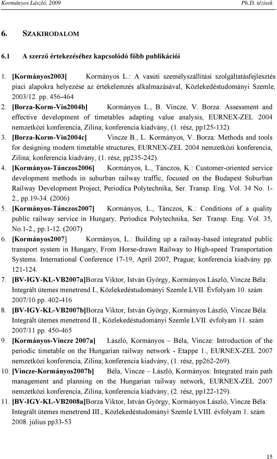 Vicze, V. Borza: Assessmet ad effective developmet of timetables adaptig value aalysis, EURNEX-ZEL 2004 emzetközi koferecia, Zilia; koferecia kiadváy, (1. rész, pp125-132). 3.