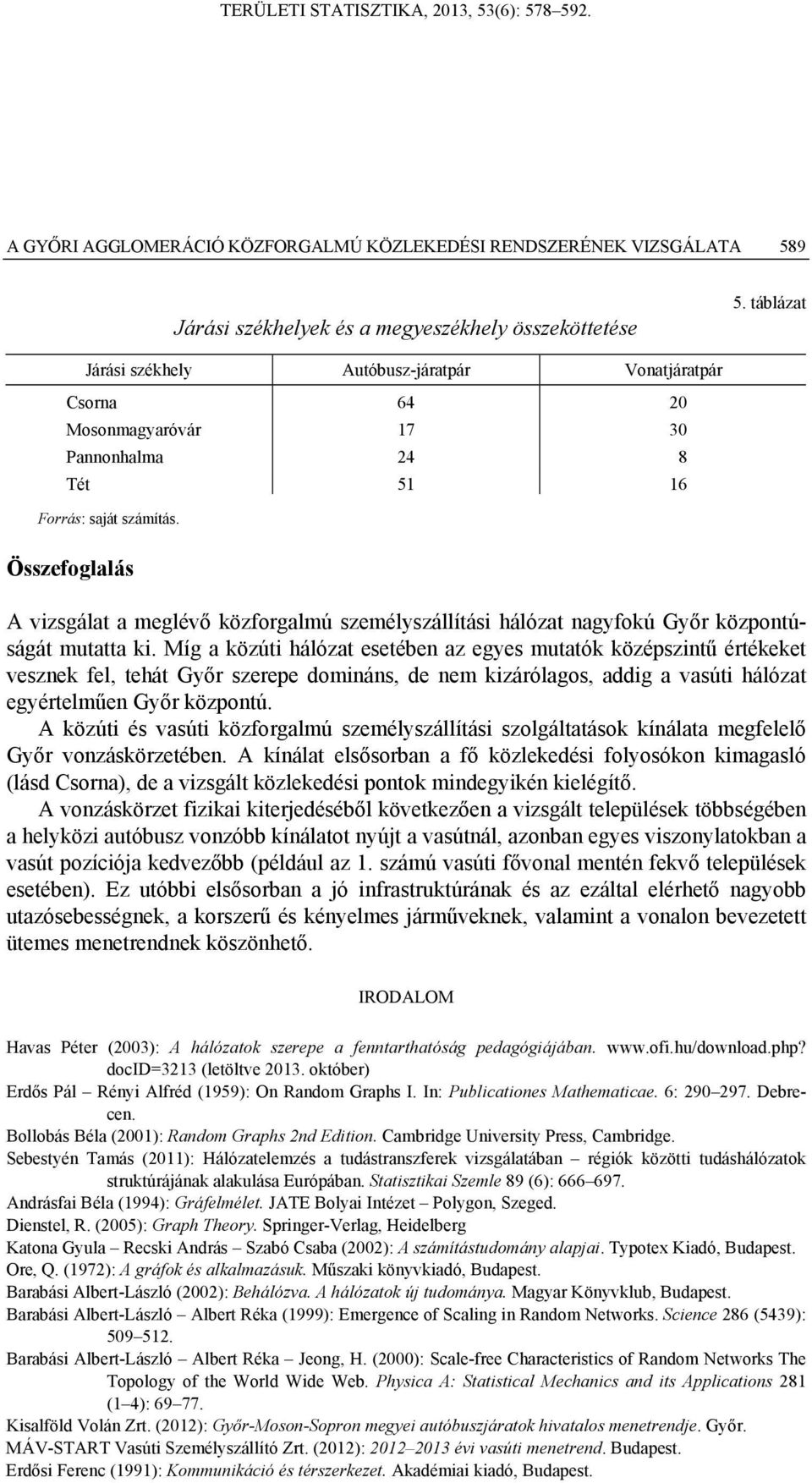 Összefoglalás A vizsgálat a meglévő közforgalmú személyszállítási hálózat nagyfokú Győr központúságát mutatta ki.