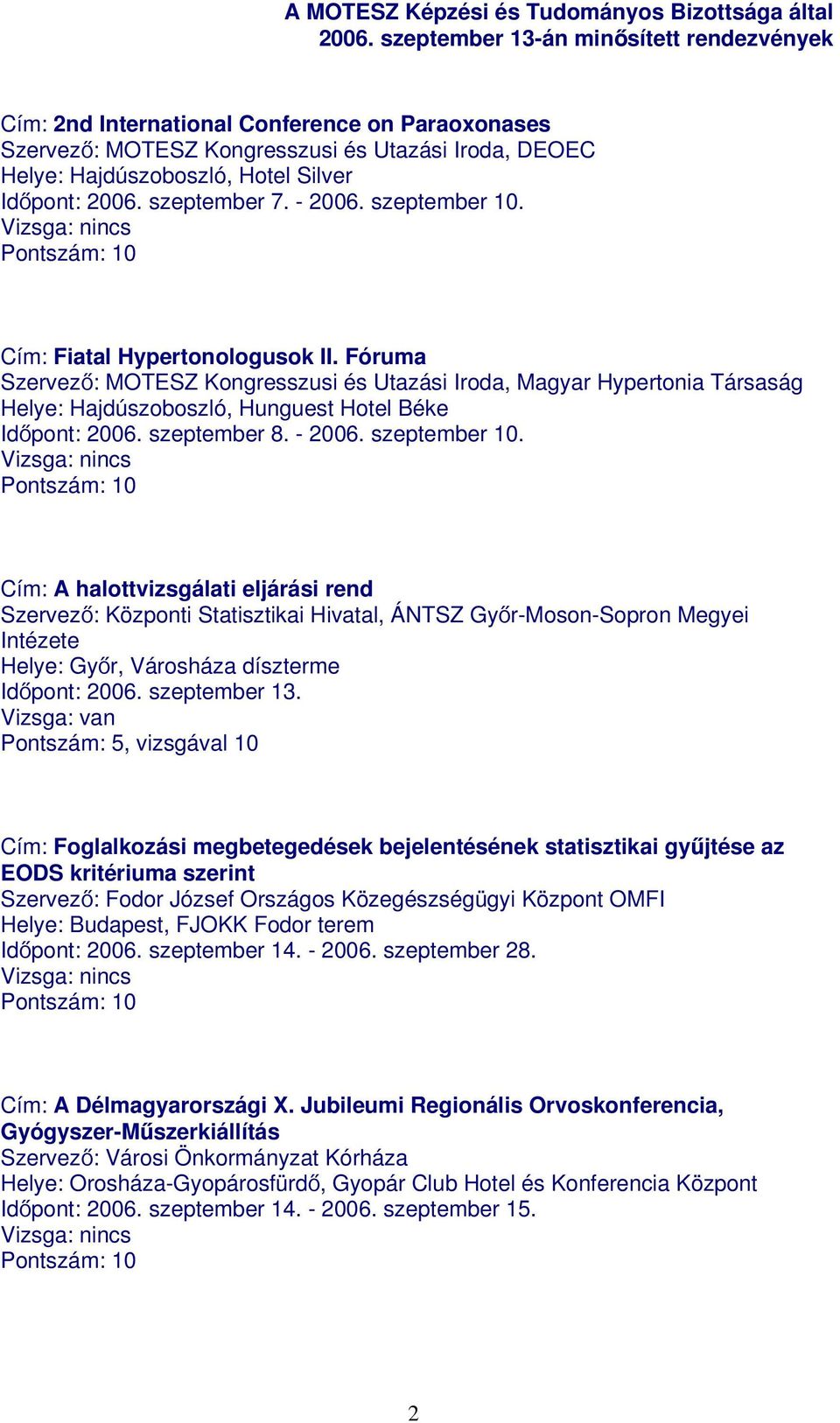 szeptember 10. Cím: A halottvizsgálati eljárási rend Szervező: Központi Statisztikai Hivatal, ÁNTSZ Győr-Moson-Sopron Megyei Intézete Helye: Győr, Városháza díszterme Időpont: 2006. szeptember 13.