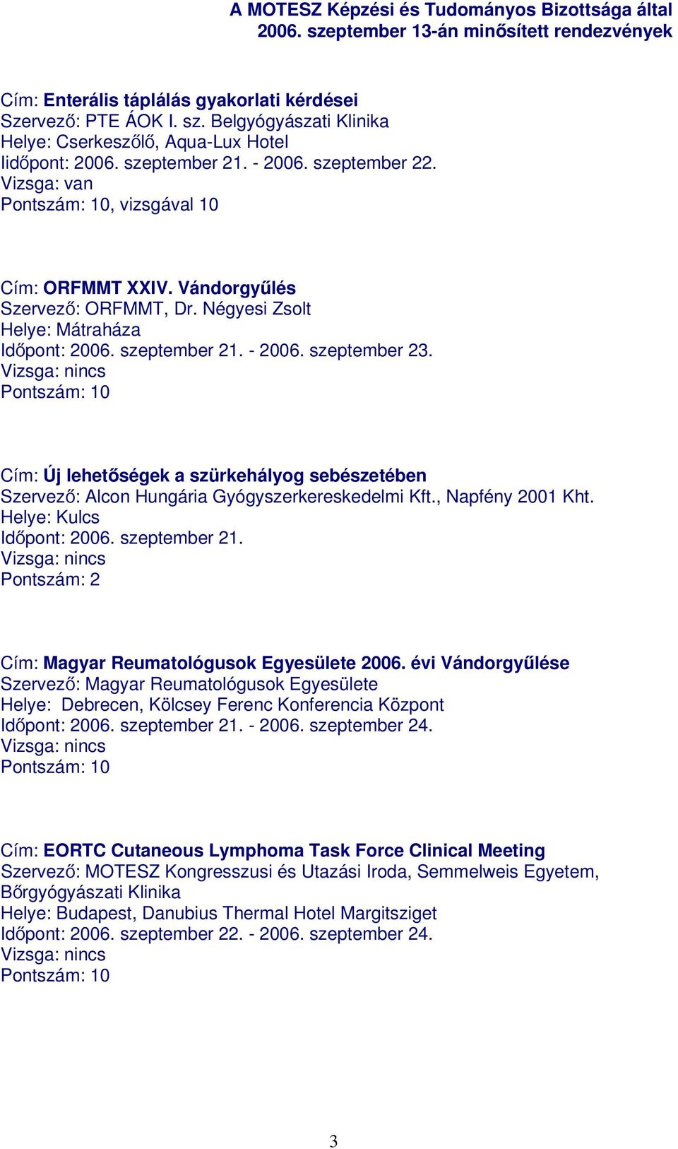 Cím: Új lehetőségek a szürkehályog sebészetében Szervező: Alcon Hungária Gyógyszerkereskedelmi Kft., Napfény 2001 Kht. Helye: Kulcs Időpont: 2006. szeptember 21.