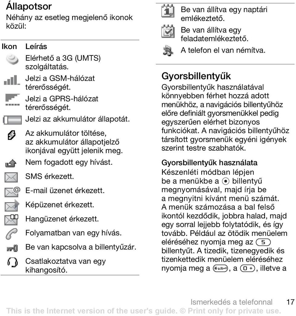 Folyamatban van egy hívás. Be van kapcsolva a billentyűzár. Csatlakoztatva van egy kihangosító. Be van állítva egy naptári emlékeztető. Be van állítva egy feladatemlékeztető. A telefon el van némítva.