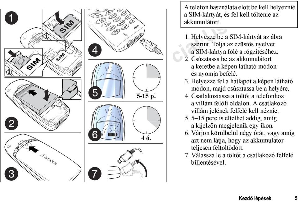 Helyezze fel a hátlapot a képen látható módon, majd csúsztassa be a helyére. 4. Csatlakoztassa a töltőt a telefonhoz a villám felőli oldalon.