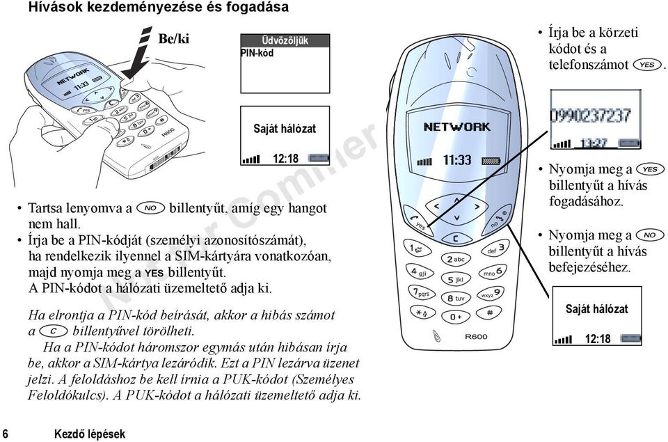 Ha elrontja a PIN-kód beírását, akkor a hibás számot a billentyűvel törölheti. Ha a PIN-kódot háromszor egymás után hibásan írja be, akkor a SIM-kártya lezáródik. Ezt a PIN lezárva üzenet jelzi.