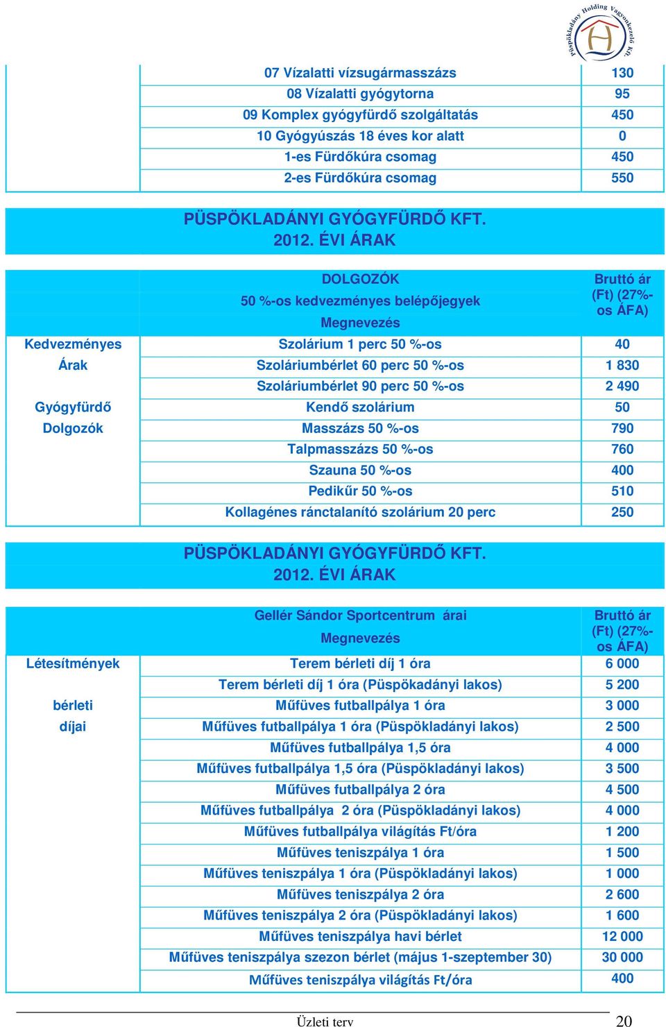 ÉVI ÁRAK DOLGOZÓK 50 %-os kedvezményes belépőjegyek Megnevezés Bruttó ár (Ft) (27%- os ÁFA) Kedvezményes Szolárium 1 perc 50 %-os 40 Árak Szoláriumbérlet 60 perc 50 %-os 1 830 Szoláriumbérlet 90 perc