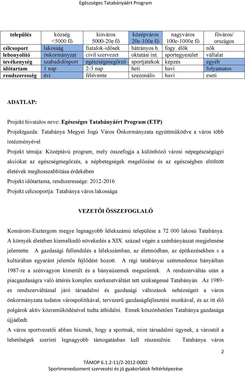 sportegyesület vállalat tevékenység szabadidősport egészségmegőrző sportjátékok képzés egyéb időtartam 1 nap 2-3 nap heti havi folyamatos rendszeresség évi félévente szezonális havi eseti ADATLAP: