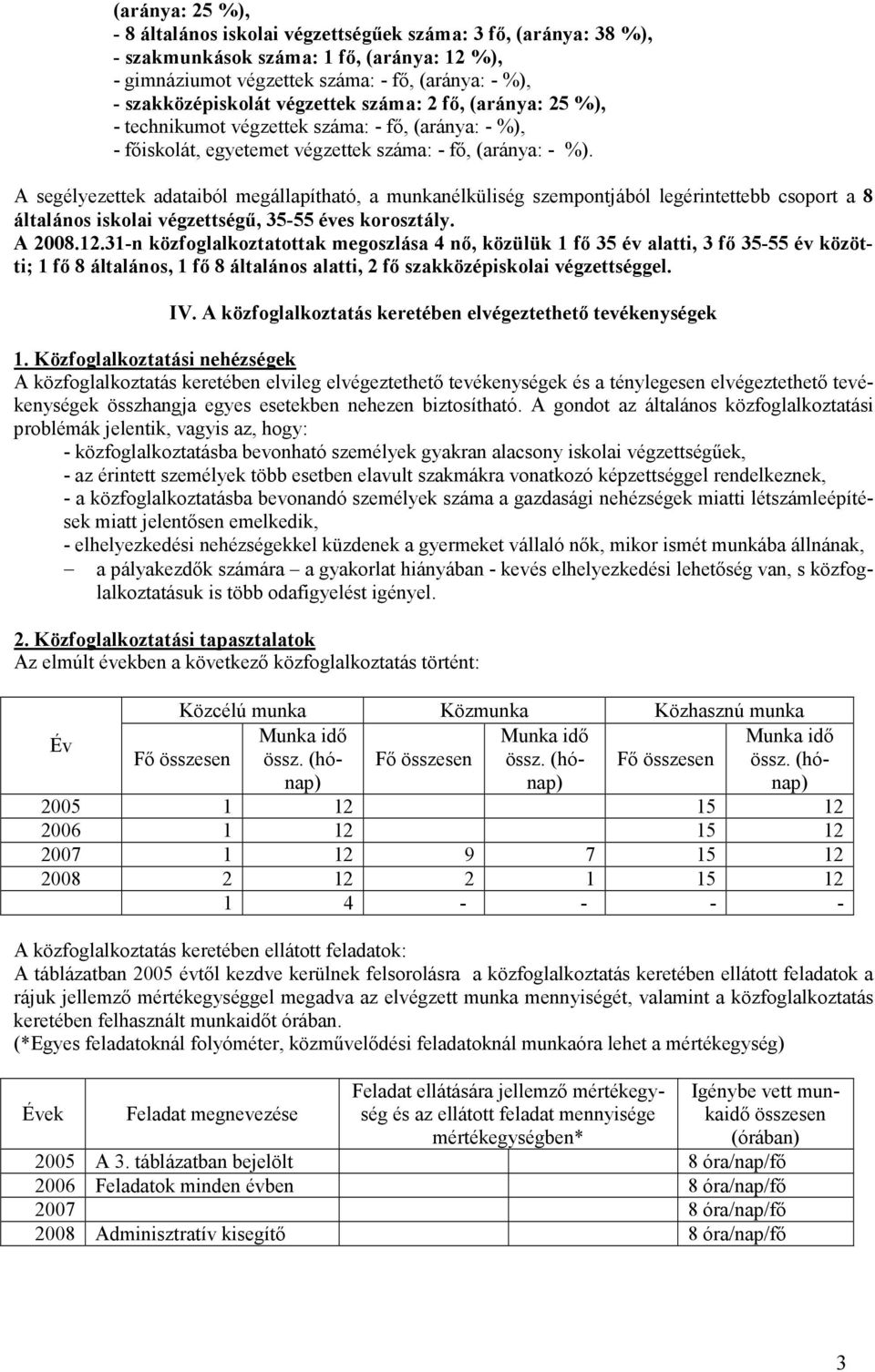 A segélyezettek adataiból megállapítható, a munkanélküliség szempontjából legérintettebb csoport a 8 általános iskolai végzettségő, 35-55 éves korosztály. A 2008.12.