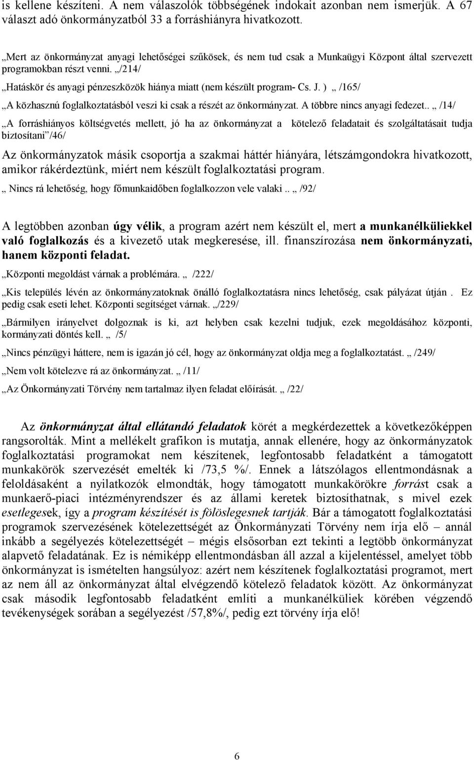 /214/ Hatáskör és anyagi pénzeszközök hiánya miatt (nem készült program- Cs. J. ) /165/ A közhasznú foglalkoztatásból veszi ki csak a részét az önkormányzat. A többre nincs anyagi fedezet.