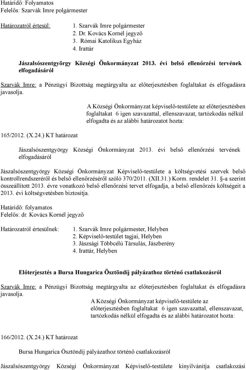 évi belső ellenőrzési tervének elfogadásáról Szarvák Imre: a Pénzügyi Bizottság megtárgyalta az előterjesztésben foglaltakat és elfogadásra javasolja. 165/2012. (X.24.