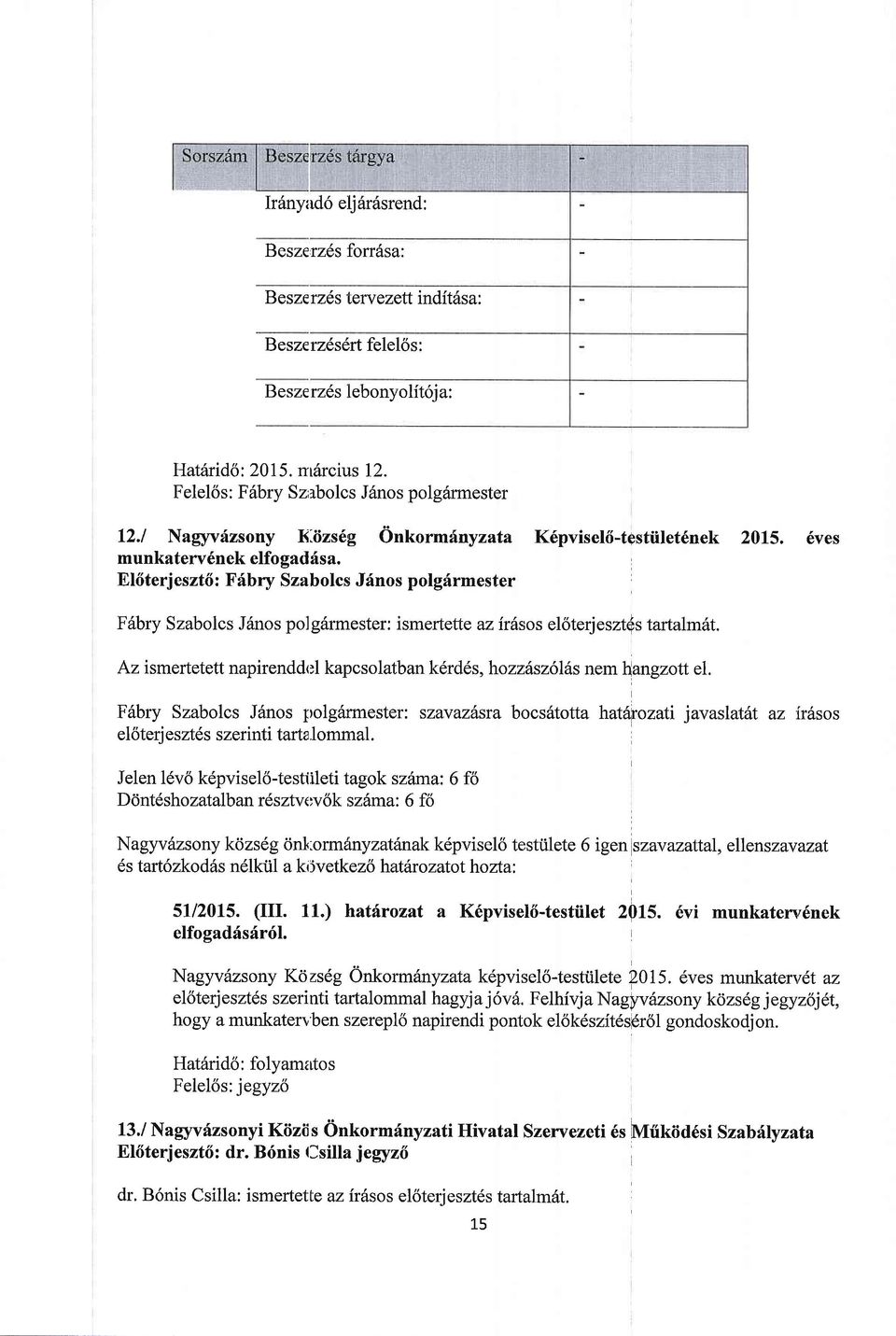 El6terjeszt6: Ffbry Szabolcs Jr[nos polgfrmester F6bry Szabolcs Jdnos polg6rmester: ismertette azirhsos elsterjesztds tartalm6t.