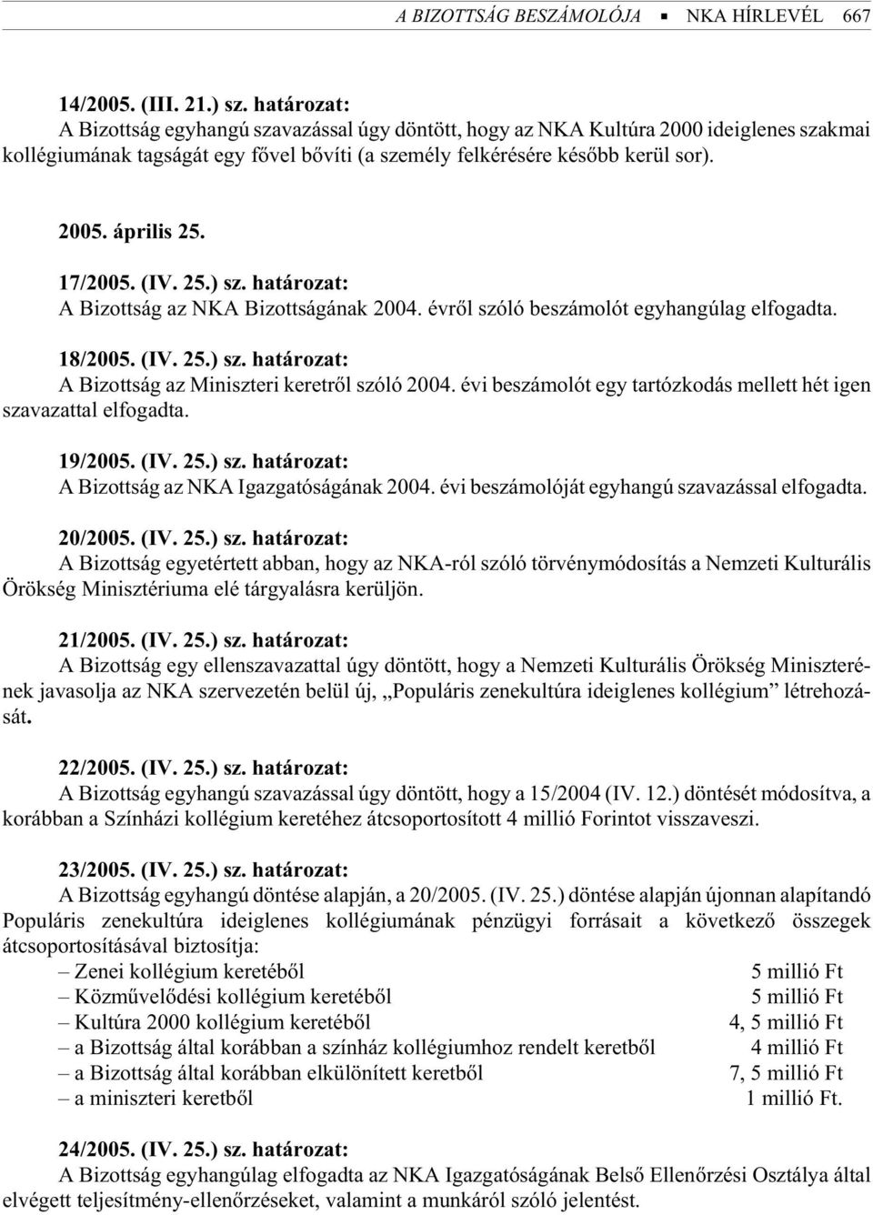 késõbb kerül sor). 2005. áp ri lis 25. 17/2005. (IV. 25.) sz. ha tá ro zat: A Bi zott ság az NKA Bi zott sá gá nak 2004. év rõl szó ló be szá mo lót egy han gú lag elfogadta. 18/2005. (IV. 25.) sz. ha tá ro zat: A Bi zott ság az Mi nisz te ri ke ret rõl szó ló 2004.