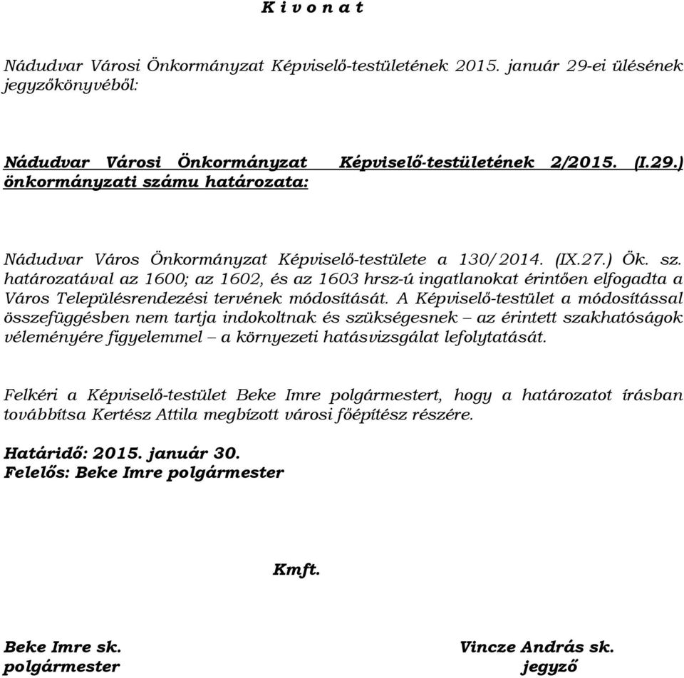 (IX.27.) Ök. sz. határozatával az 1600; az 1602, és az 1603 hrsz-ú ingatlanokat érintően elfogadta a Város Településrendezési tervének módosítását.