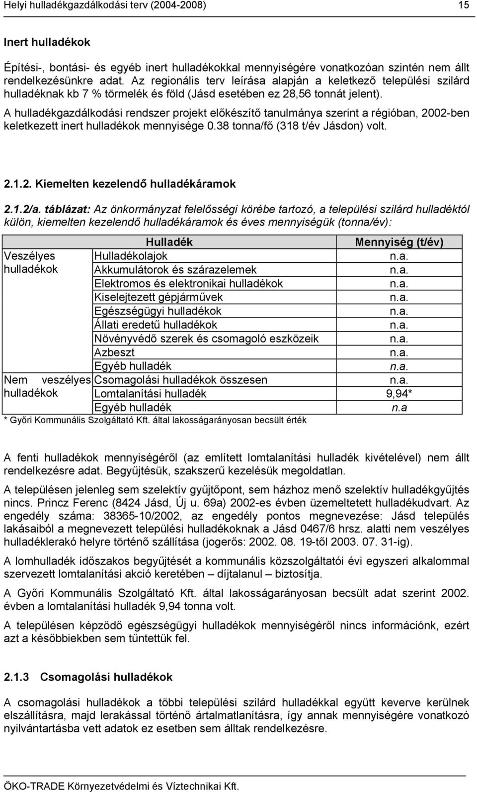 A hulladékgazdálkodási rendszer projekt előkészítő tanulmánya szerint a régióban, 2002-ben keletkezett inert hulladékok mennyisége 0.38 tonna/fő (318 t/év Jásdon) volt. 2.1.2. Kiemelten kezelendő hulladékáramok 2.