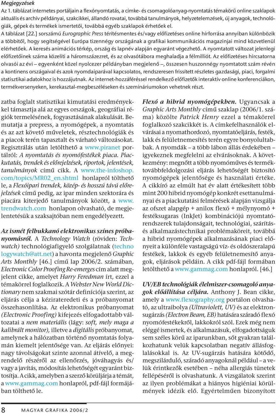 helyzetelemzések, új anyagok, technológiák, gépek és termékek ismertetői, továbbá egyéb szaklapok érhetőek el. A táblázat [22.