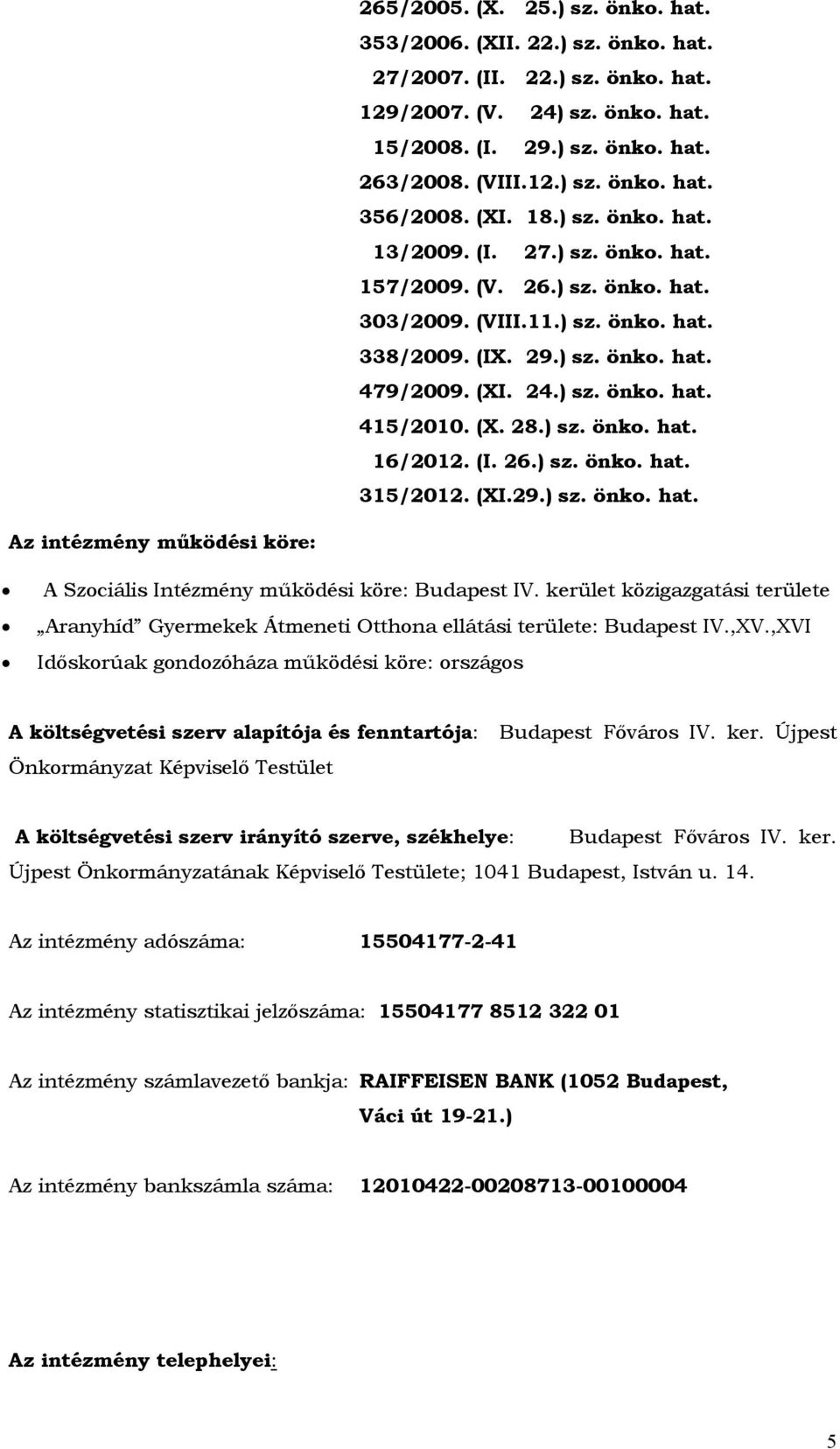 (X. 28.) sz. önko. hat. 16/2012. (I. 26.) sz. önko. hat. 315/2012. (XI.29.) sz. önko. hat. Az intézmény működési köre: A Szociális Intézmény működési köre: Budapest IV.