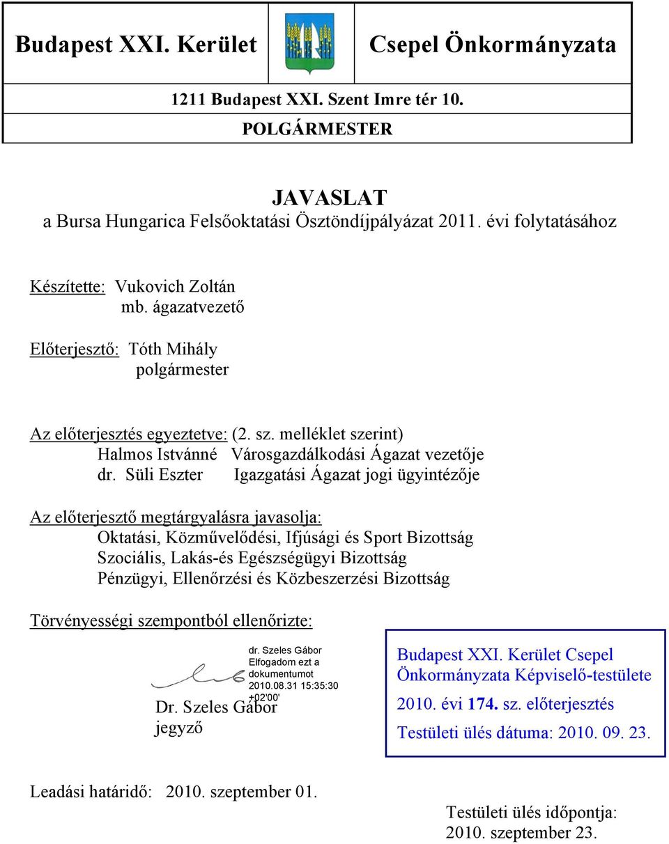 melléklet szerint) Halmos Istvánné Városgazdálkodási Ágazat vezetője dr.