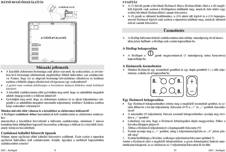 A (9) gomb az időmérő beállításához, a (10) sütési idő kijelző és a (11) beprogramozott főzőmező kijelző csak azokon a típusokon található meg, amelyek időmérő órával vannak felszerelve.