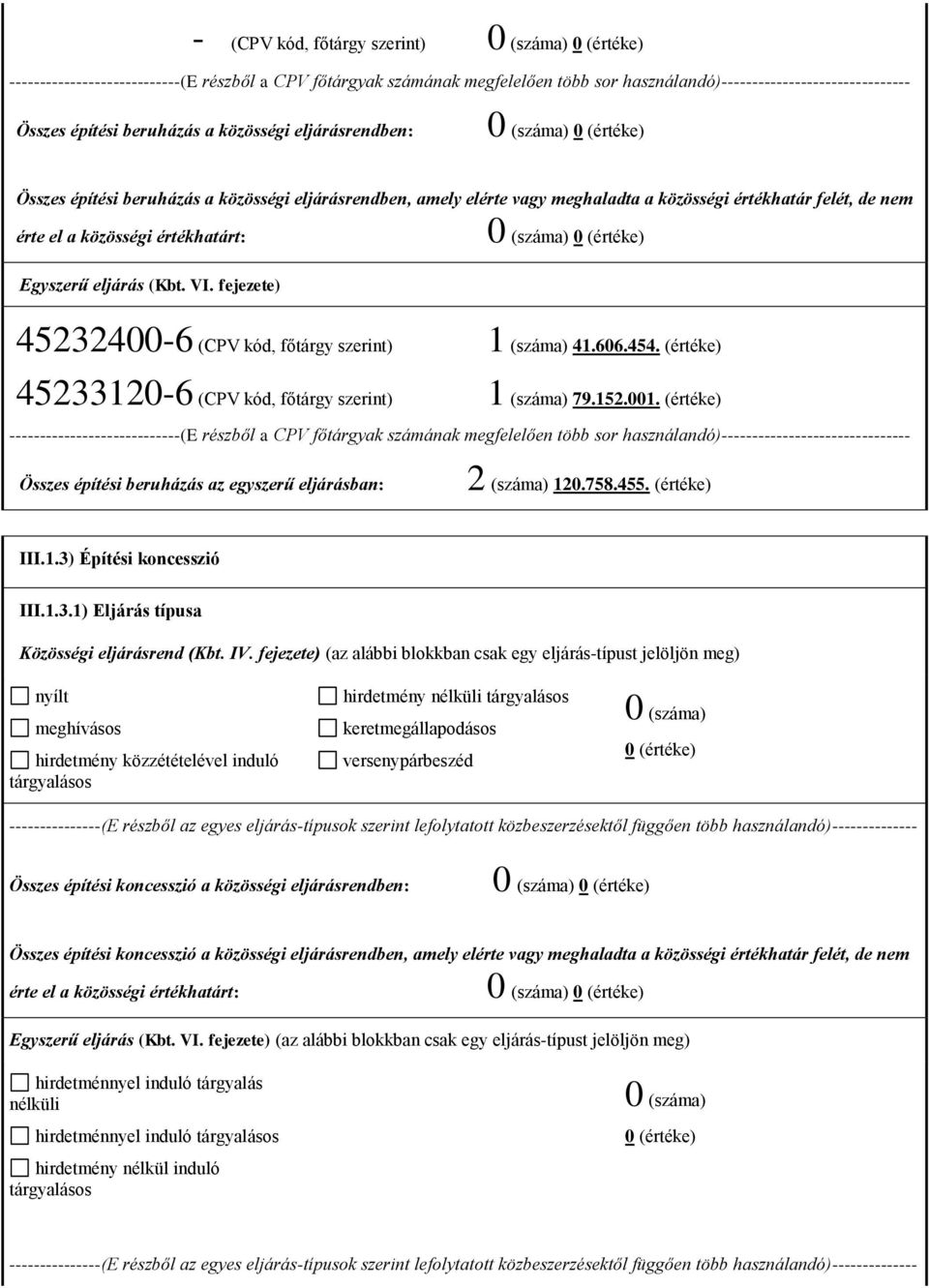 (értéke) Összes építési beruházás az egyszerű eljárásban: 2 (száma) 120.758.455. (értéke) III.1.3)