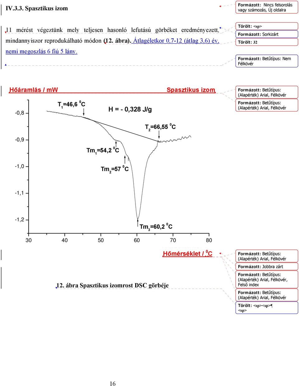 Törölt: <sp> Formázott: Sorkizárt Törölt: 32 Nem Félkövér Hőáramlás / mw Heatflow/mW -0,8-0,9 T 1 =46,6 0 C Cerebral Spasztikus pulsy izom H = - 0,328 J/g T 2