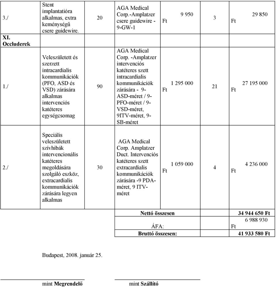 -Amplatzer intervenciós katéteres szett intracardialis zárására - 9- ASD-méret / 9- PFO-méret / 9- VSD-méret, 9ITV-méret, 9- SB-méret 9 950 1 95 000 3 1 9 850 7 195 000.