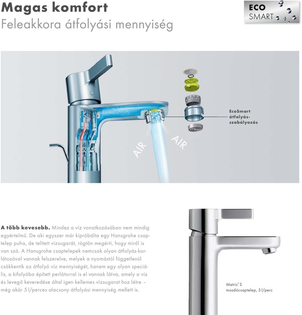 A Hansgrohe csaptelepek nemcsak olyan átfolyás-korlátozóval vannak felszerelve, melyek a nyomástól függetlenül csökkentik az átfolyó víz mennyiségét, hanem egy olyan